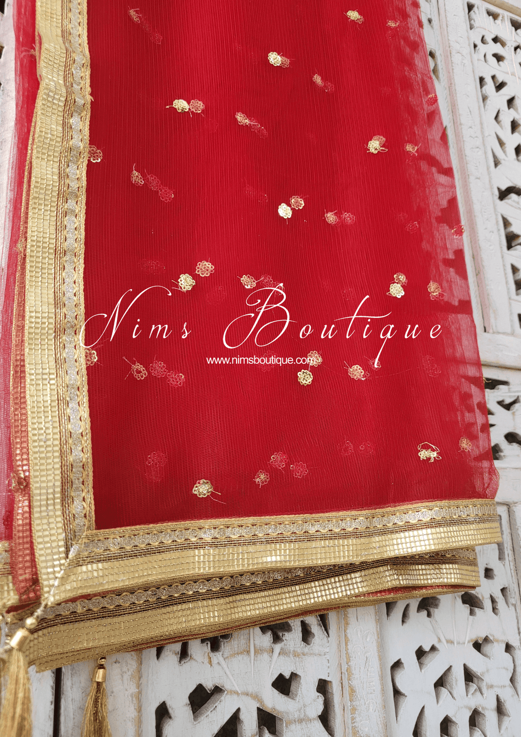 Nims Boutique Dark Red Net Sequin Dupatta/Chunni