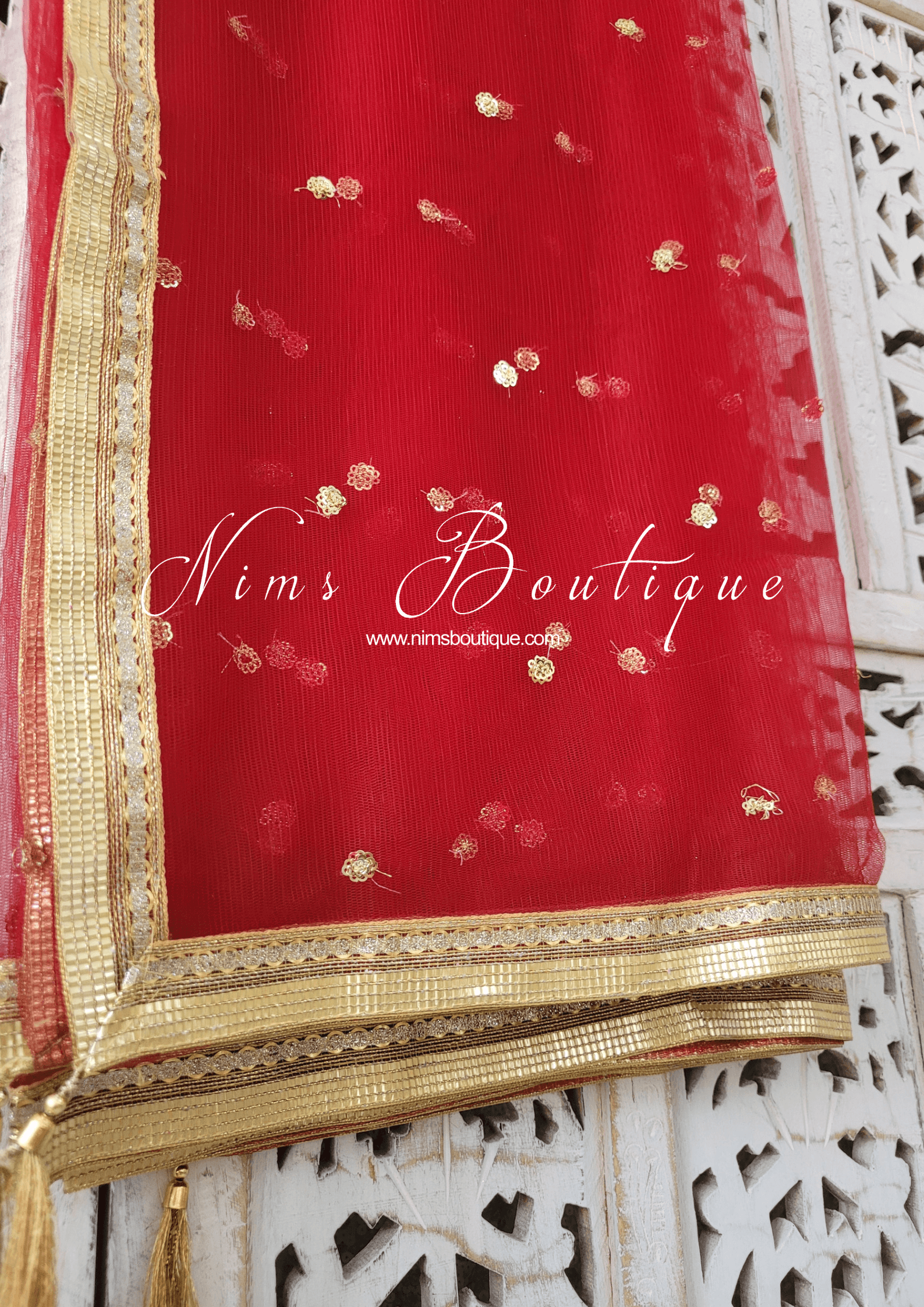 Nims Boutique Dark Red Net Sequin Dupatta/Chunni