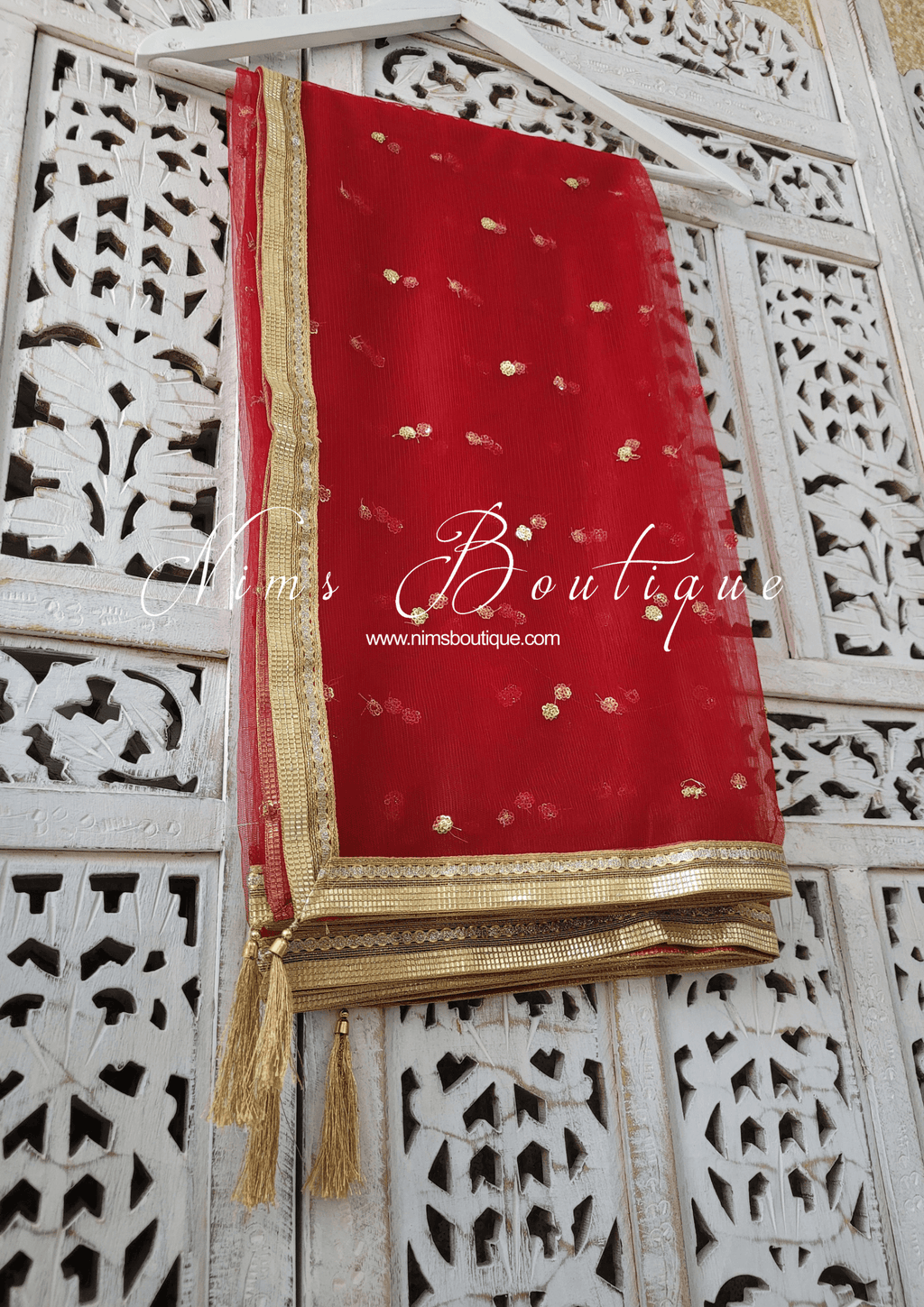 Nims Boutique Dark Red Net Sequin Dupatta/Chunni