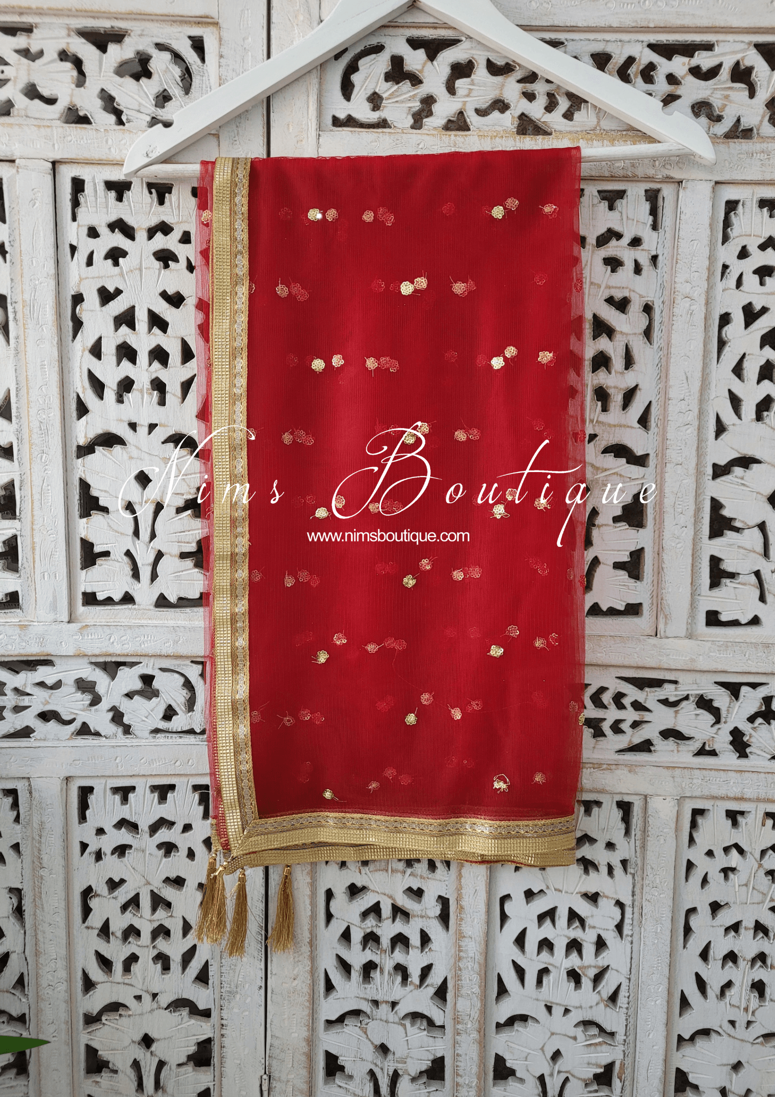 Nims Boutique Dark Red Net Sequin Dupatta/Chunni