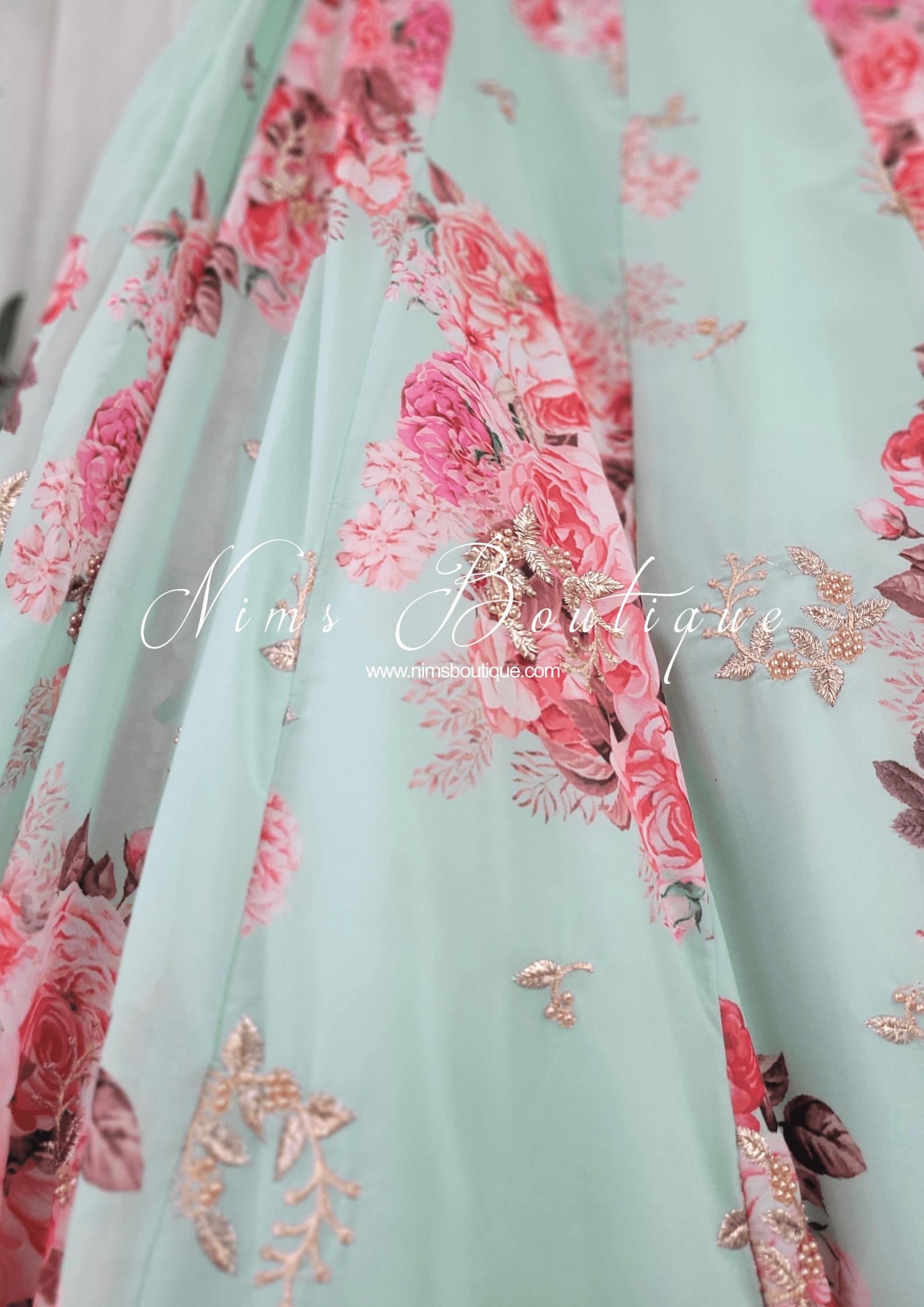 Nims Boutique La Floraison Mint Georgette Floral readymade skirt/lehnga sizes 4-26