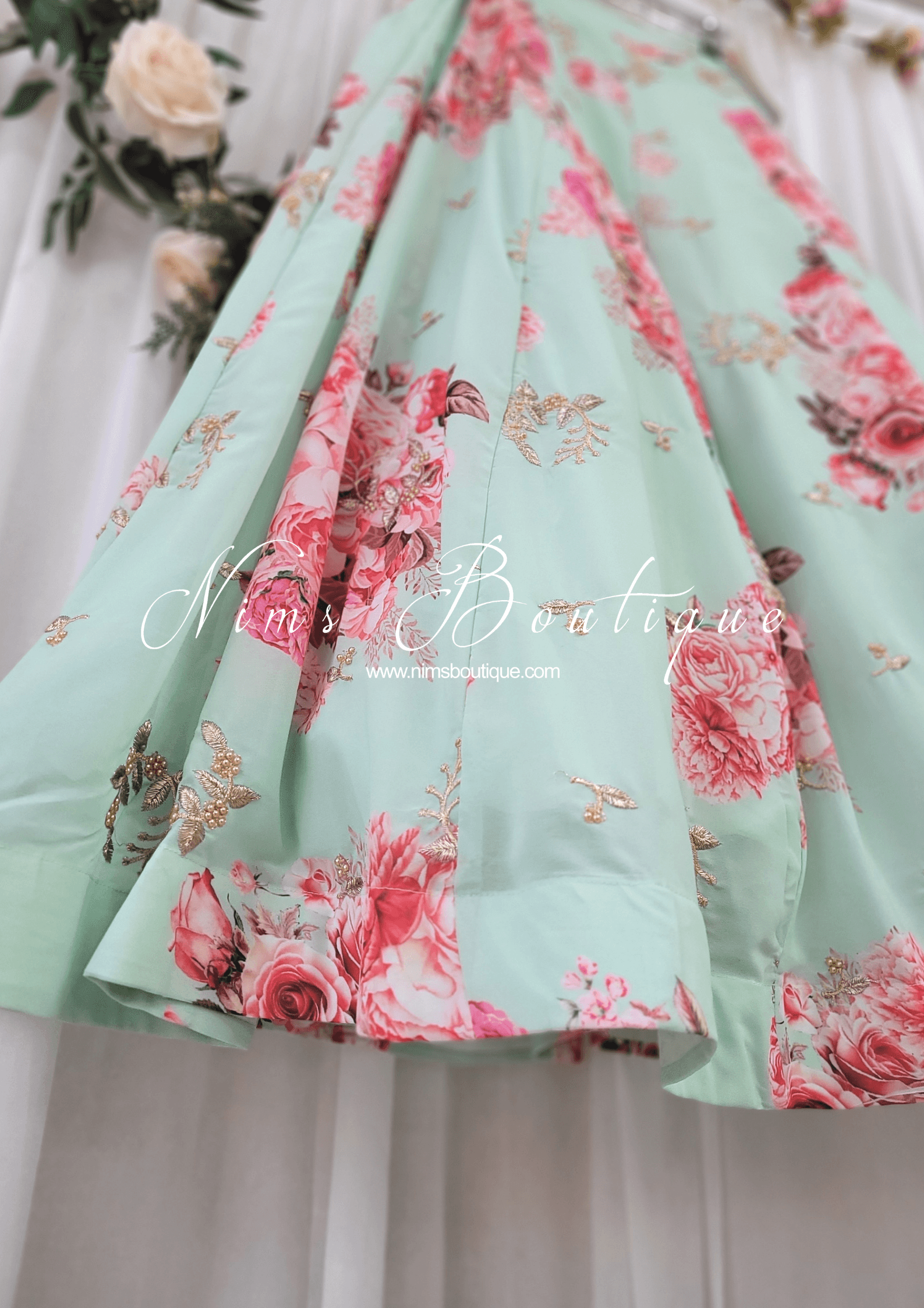 Nims Boutique La Floraison Mint Georgette Floral readymade skirt/lehnga sizes 4-26
