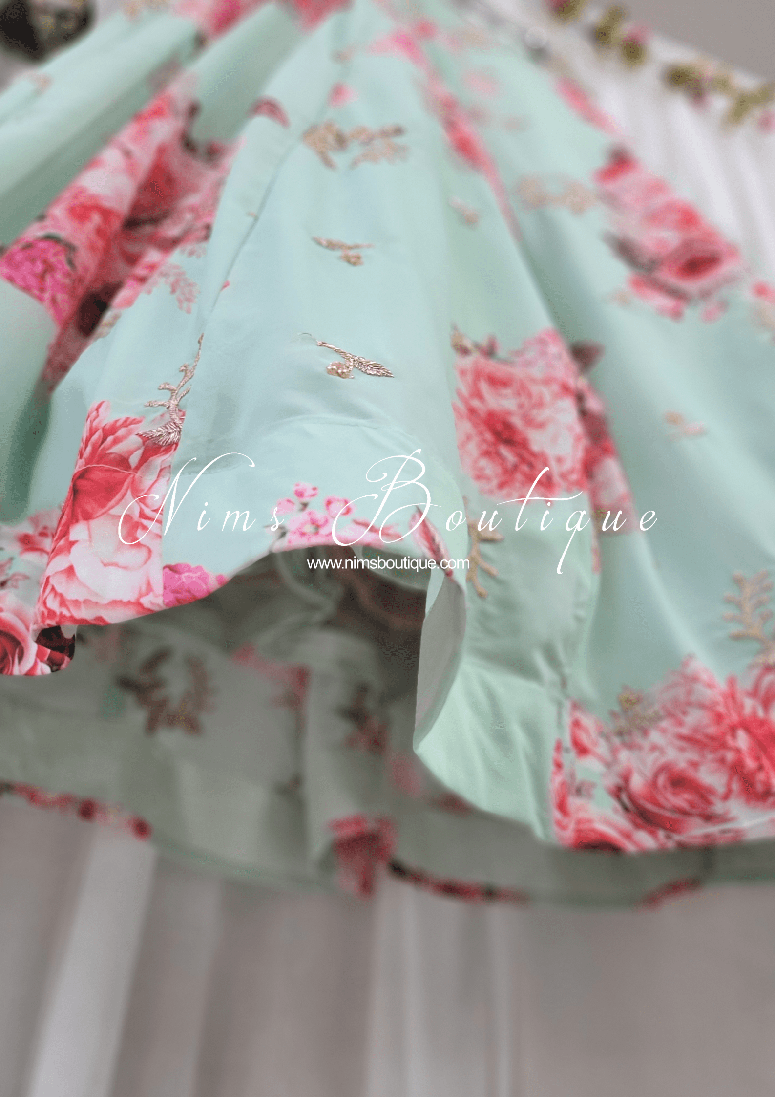 Nims Boutique La Floraison Mint Georgette Floral readymade skirt/lehnga sizes 4-26