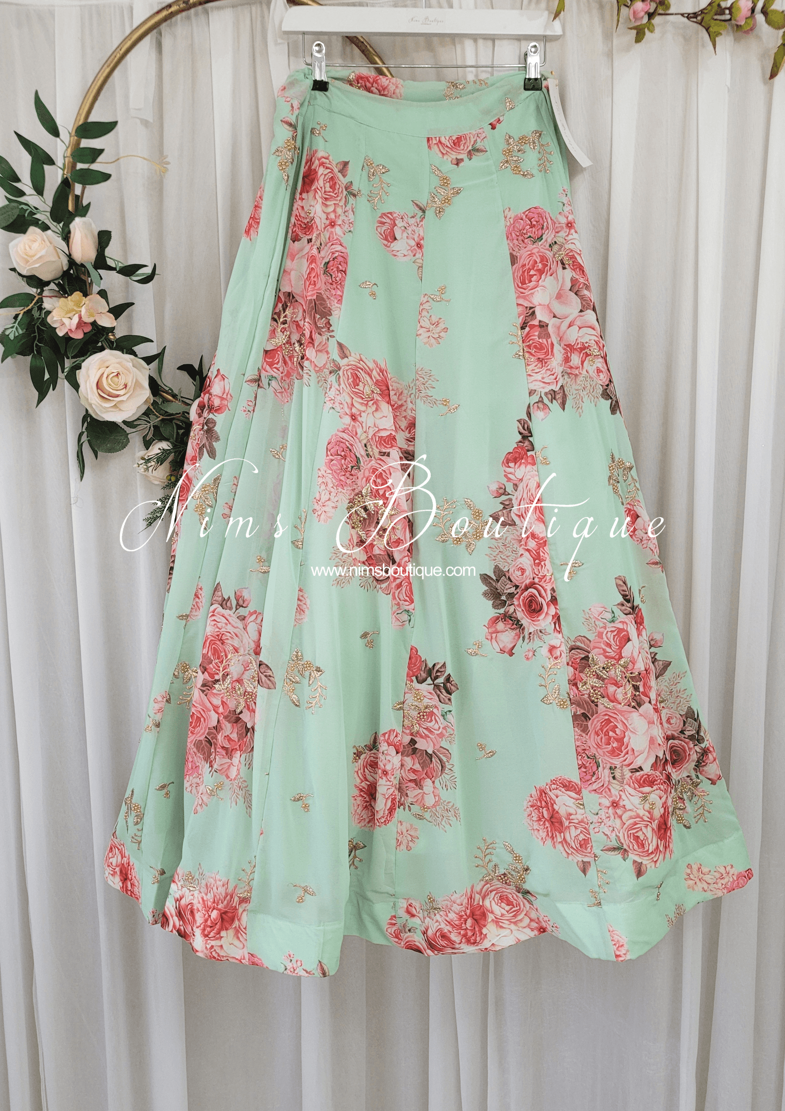 Nims Boutique La Floraison Mint Georgette Floral readymade skirt/lehnga sizes 4-26