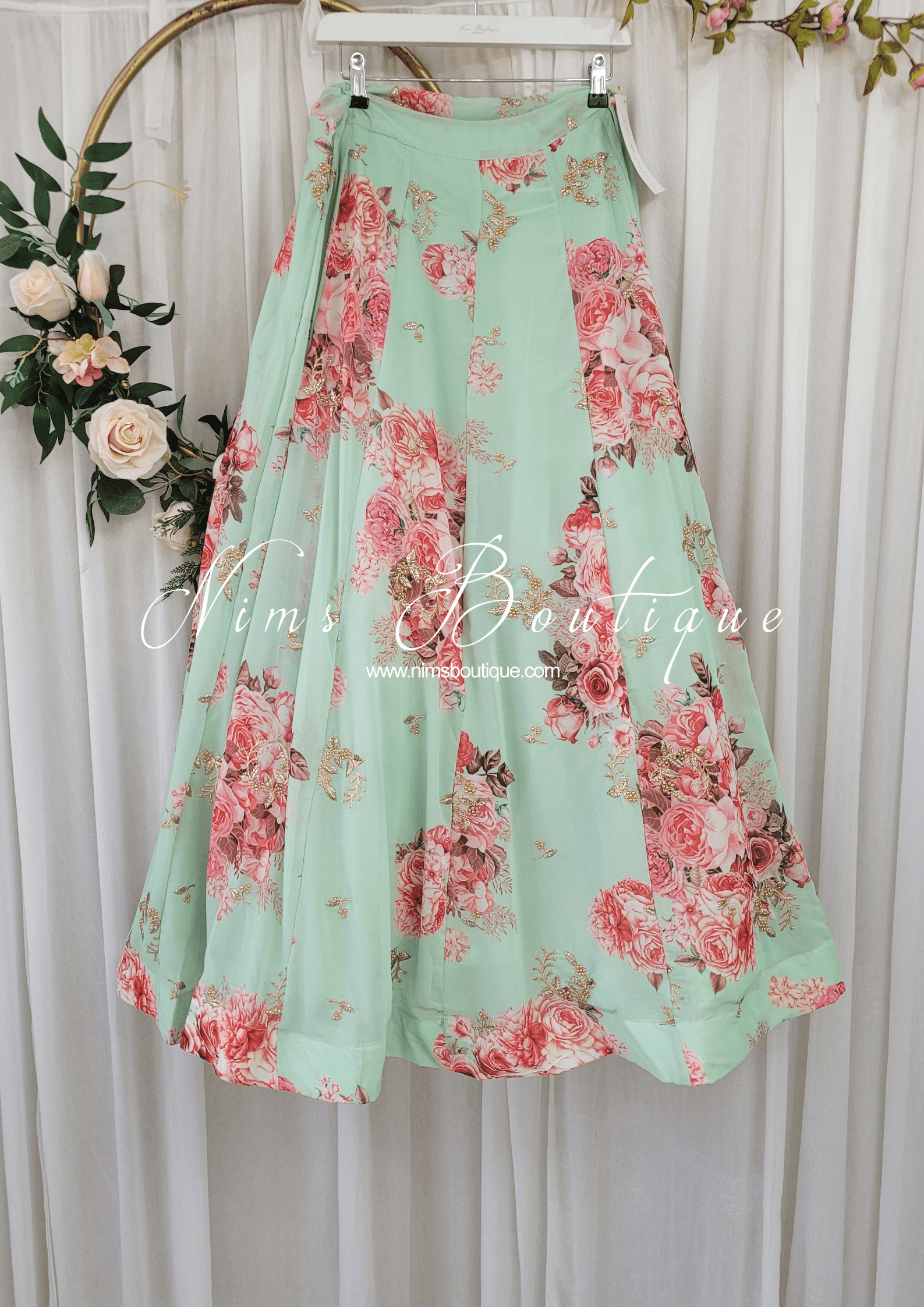 Nims Boutique La Floraison Mint Georgette Floral readymade skirt/lehnga sizes 4-26