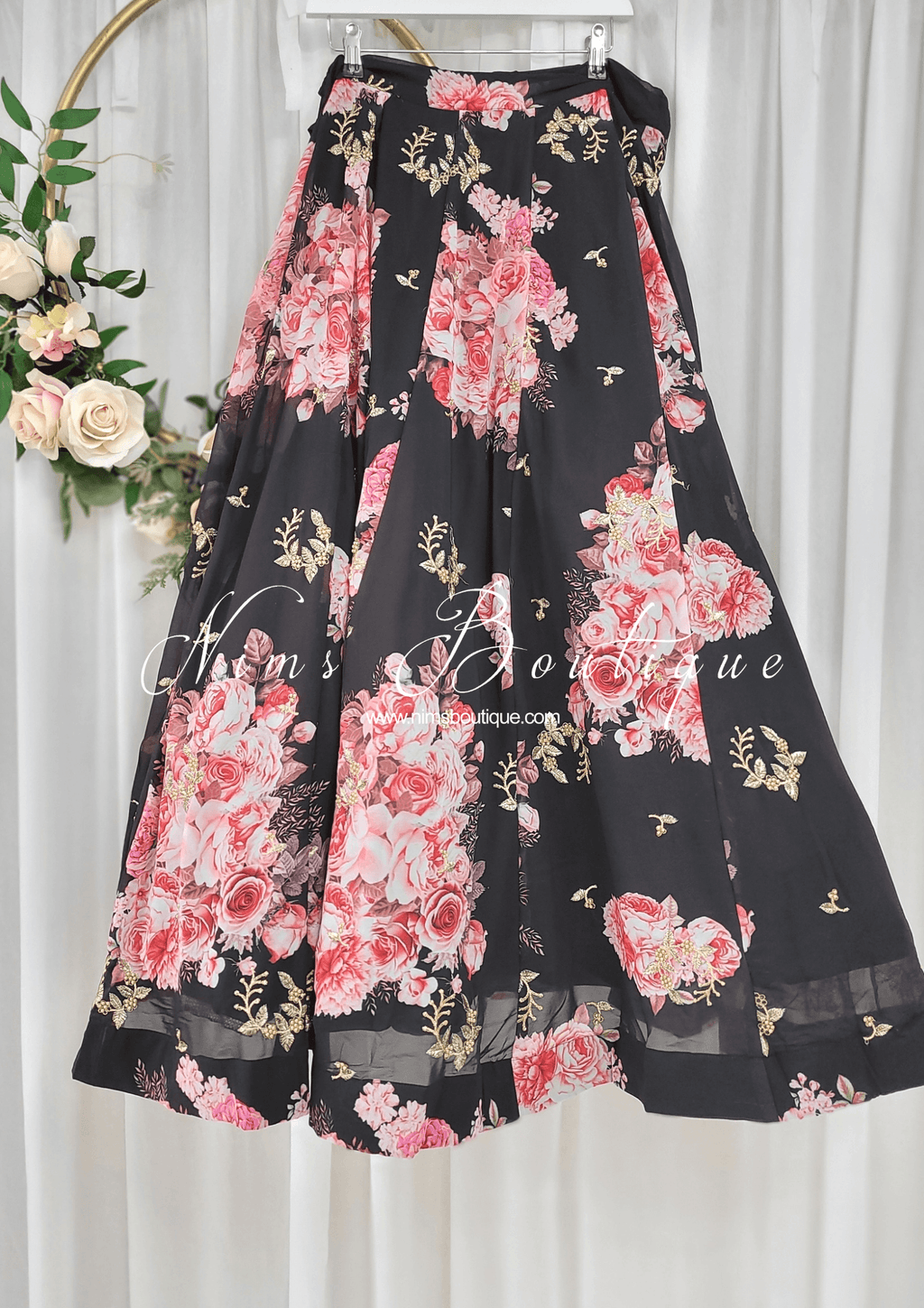 Nims Boutique La Floraison Black Georgette Floral readymade skirt/lehnga sizes 4-24