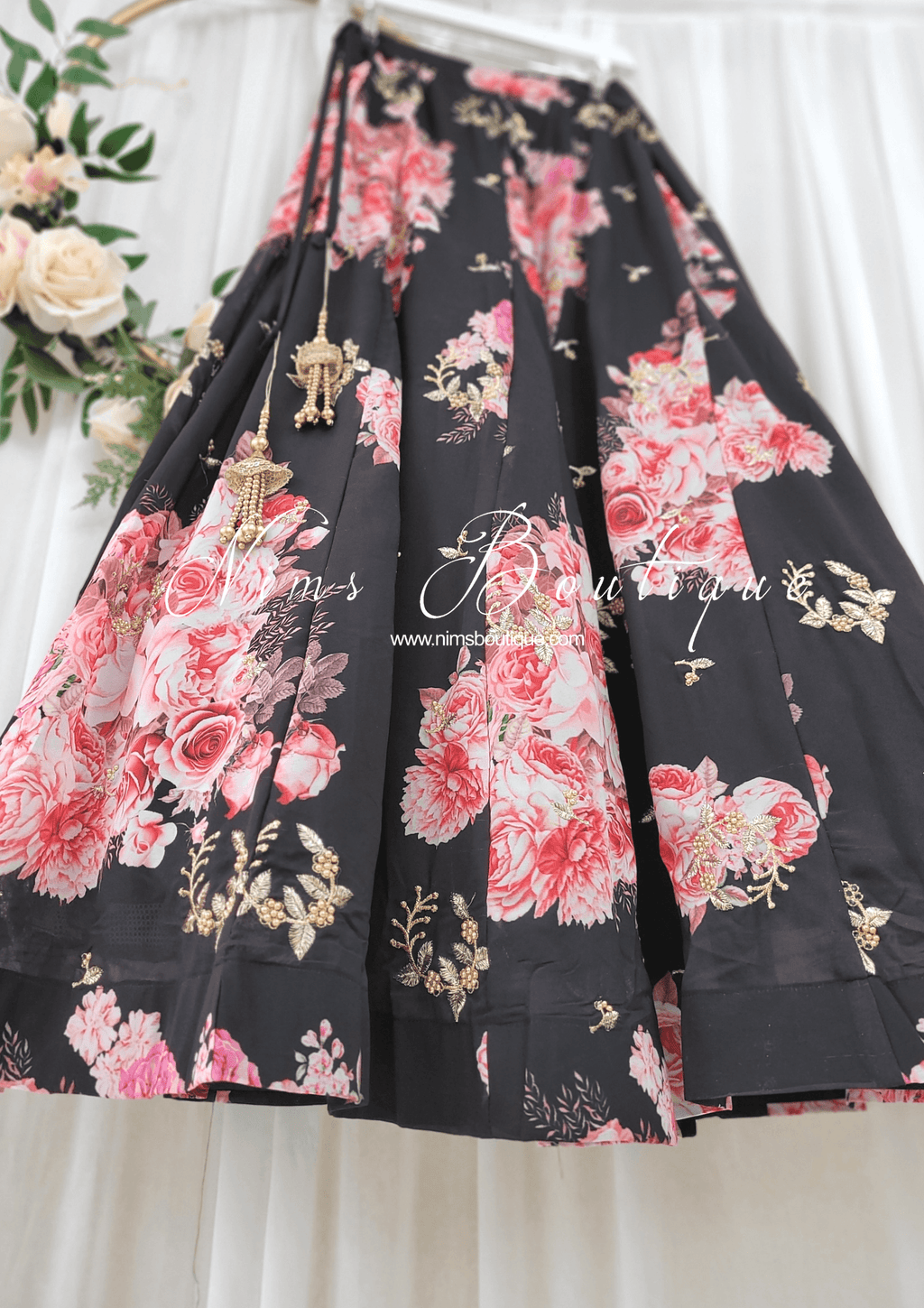 Nims Boutique La Floraison Black Georgette Floral readymade skirt/lehnga sizes 4-24