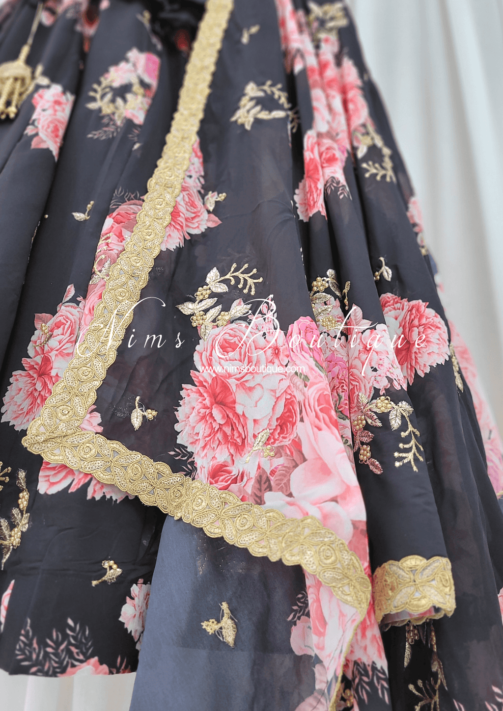 Nims Boutique La Floraison Black Georgette Floral readymade skirt/lehnga sizes 4-24