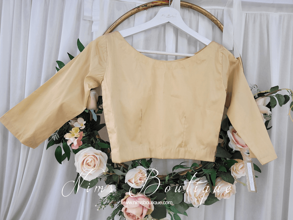 Nims Boutique Light Gold Pure Silk High Neck Blouse with sleeves size 4-12