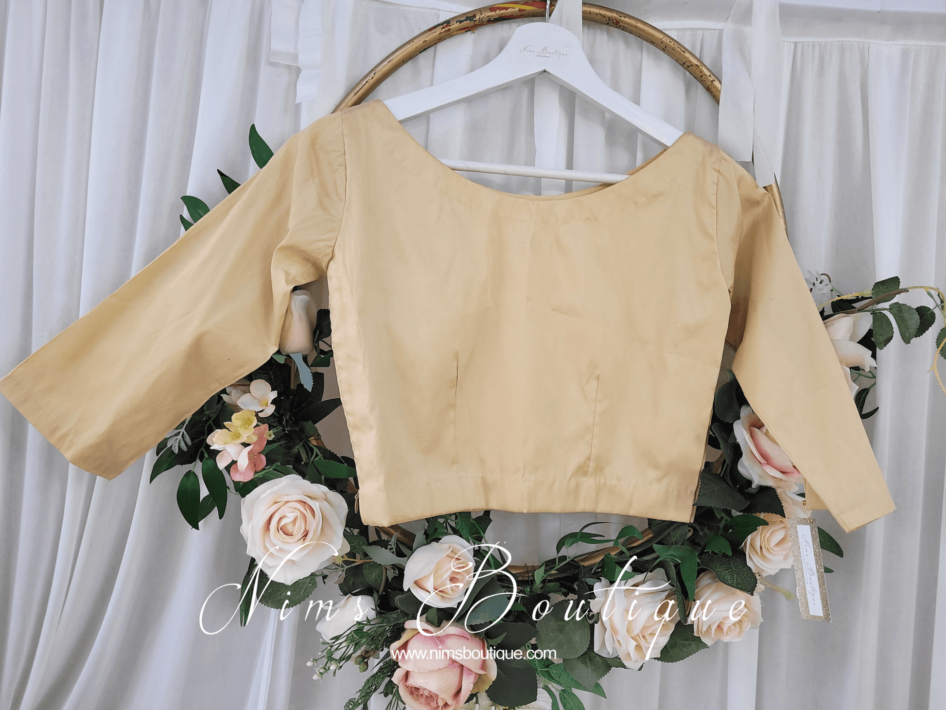 Nims Boutique Light Gold Pure Silk High Neck Blouse with sleeves size 4-12
