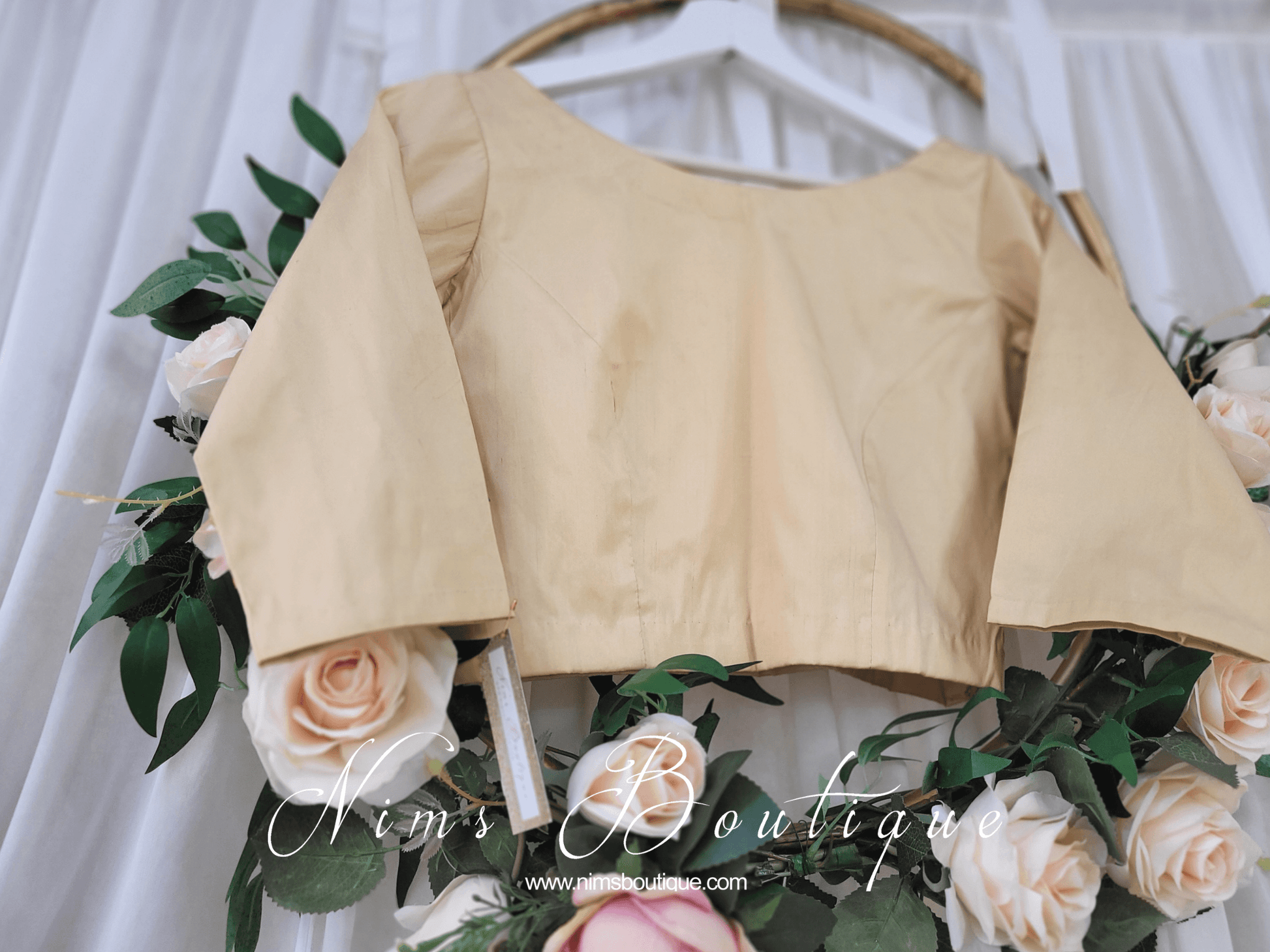 Nims Boutique Light Gold Pure Silk High Neck Blouse with sleeves size 4-12