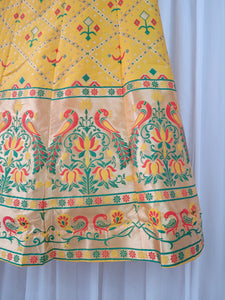 Yellow, Green & Red Peacock Brocade Semi stitched skirt/lehnga