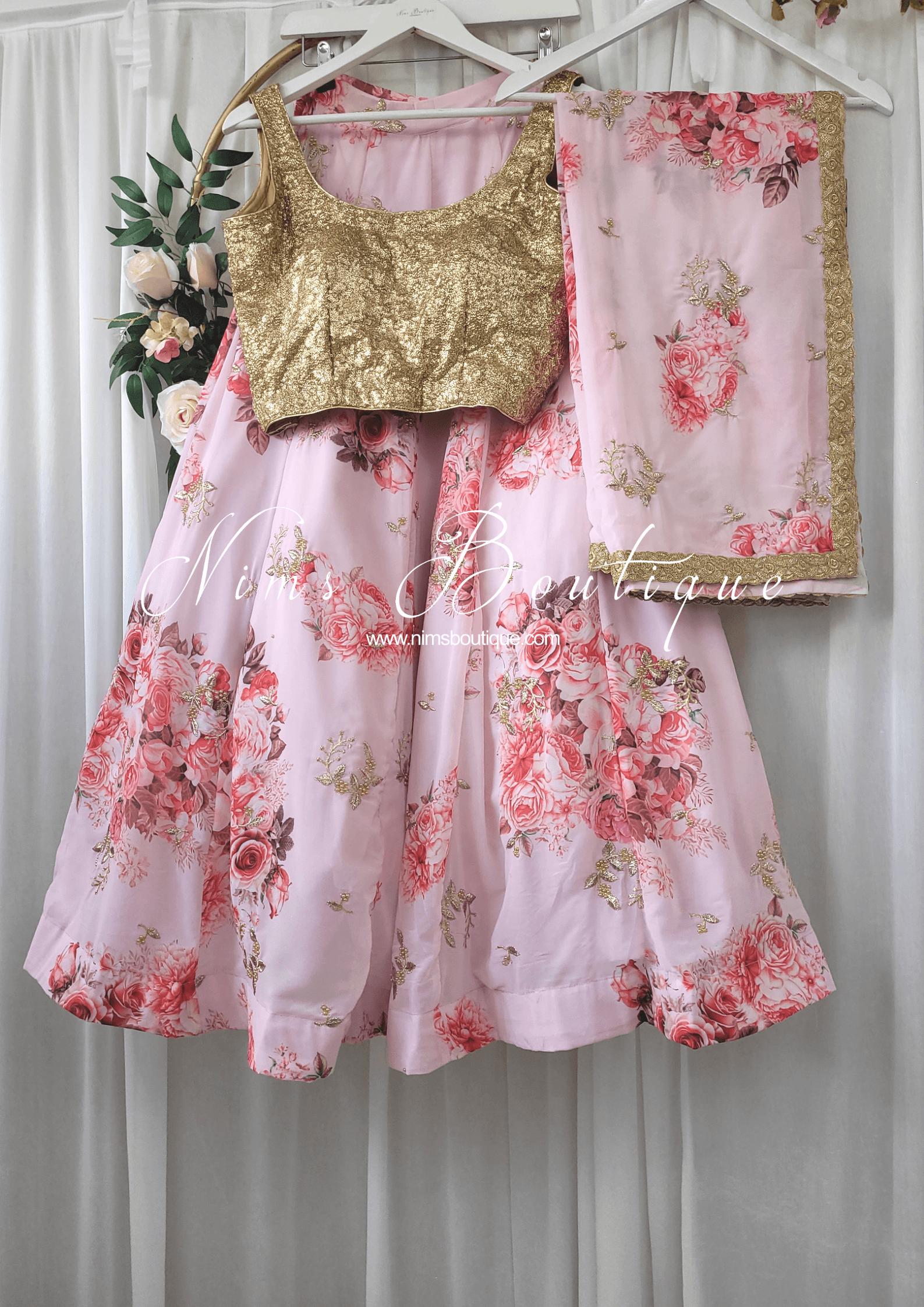 Nims Boutique La Floraison Pink Georgette Floral readymade skirt/lehnga sizes 4-24