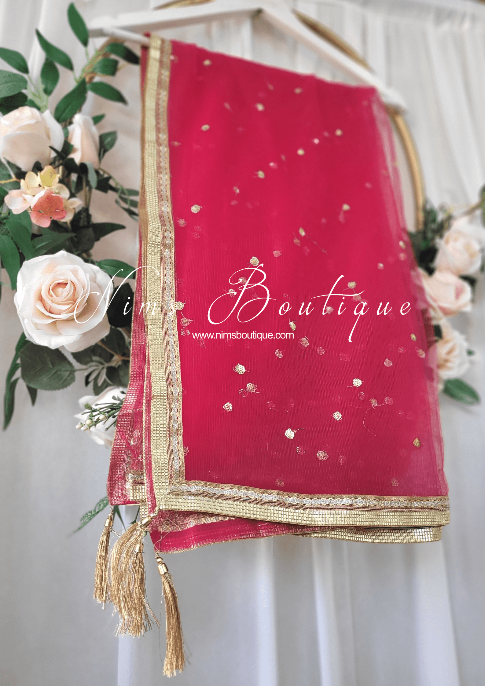 Nims Boutique Deep Pink Net Sequin Dupatta/Chunni NS10