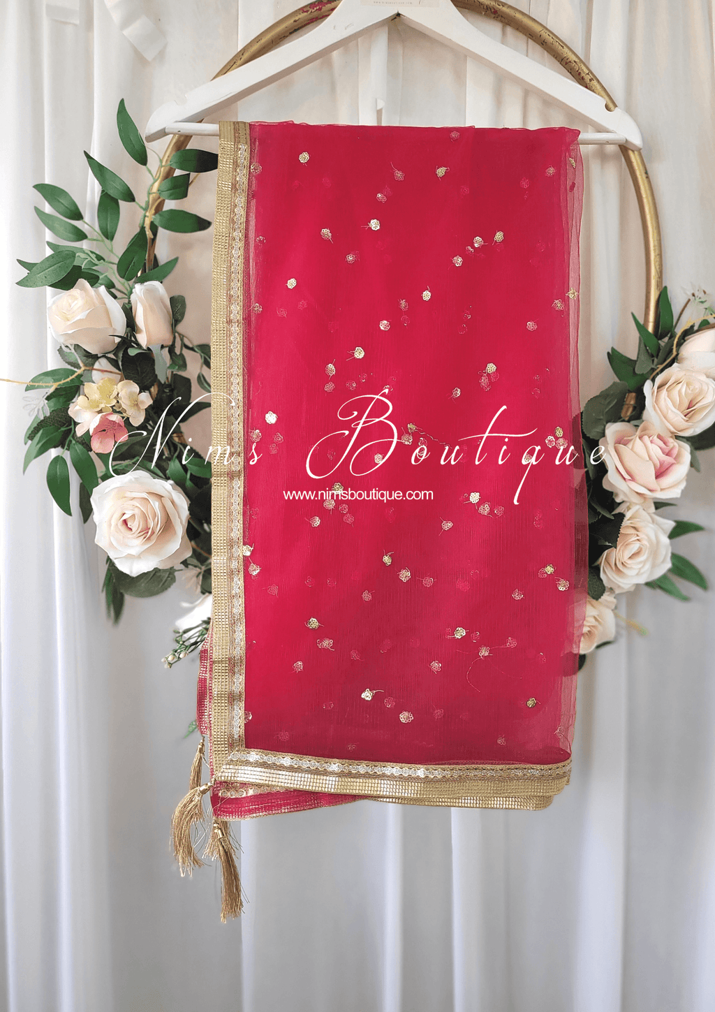 Nims Boutique Deep Pink Net Sequin Dupatta/Chunni NS10