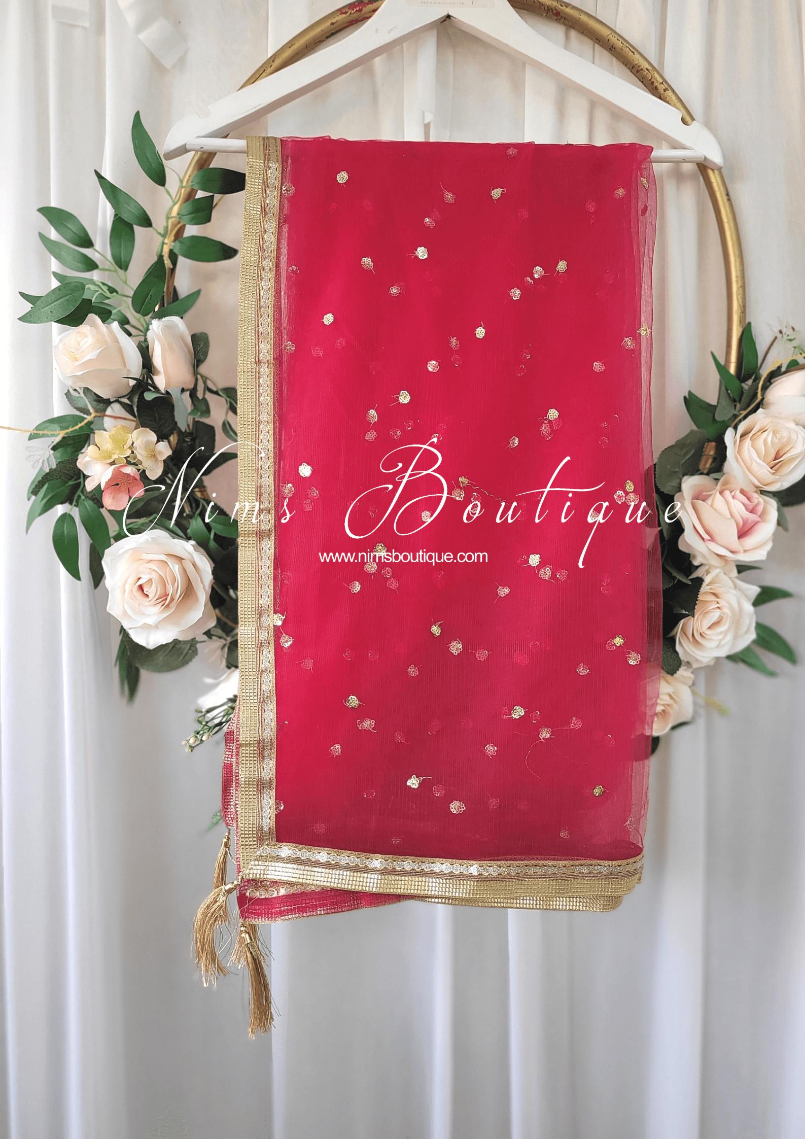 Nims Boutique Deep Pink Net Sequin Dupatta/Chunni NS10