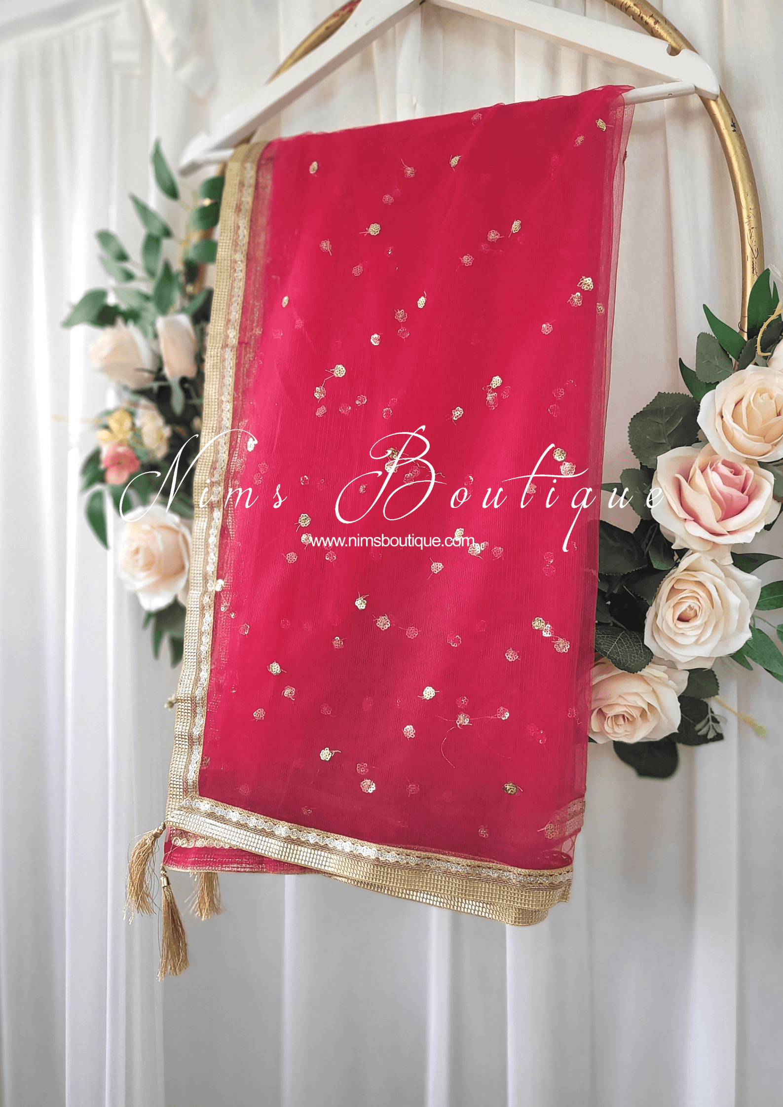 Nims Boutique Deep Pink Net Sequin Dupatta/Chunni NS10