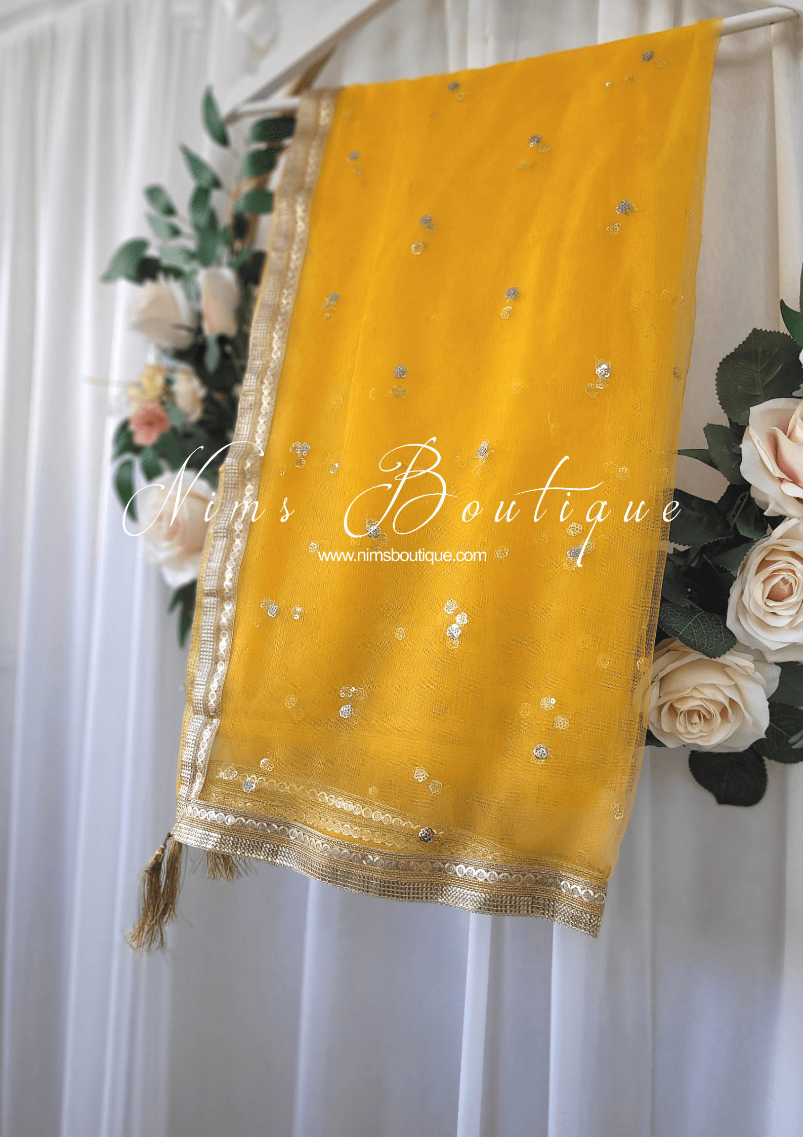 Nims Boutique Dark Yellow Net Sequin Dupatta/Chunni NS9