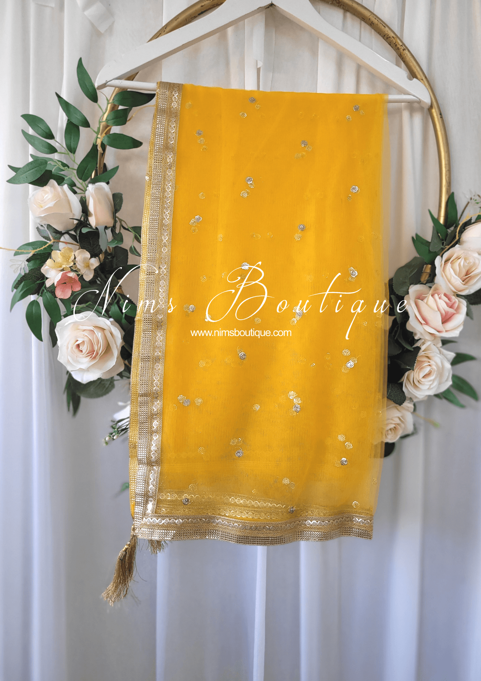 Nims Boutique Dark Yellow Net Sequin Dupatta/Chunni NS9