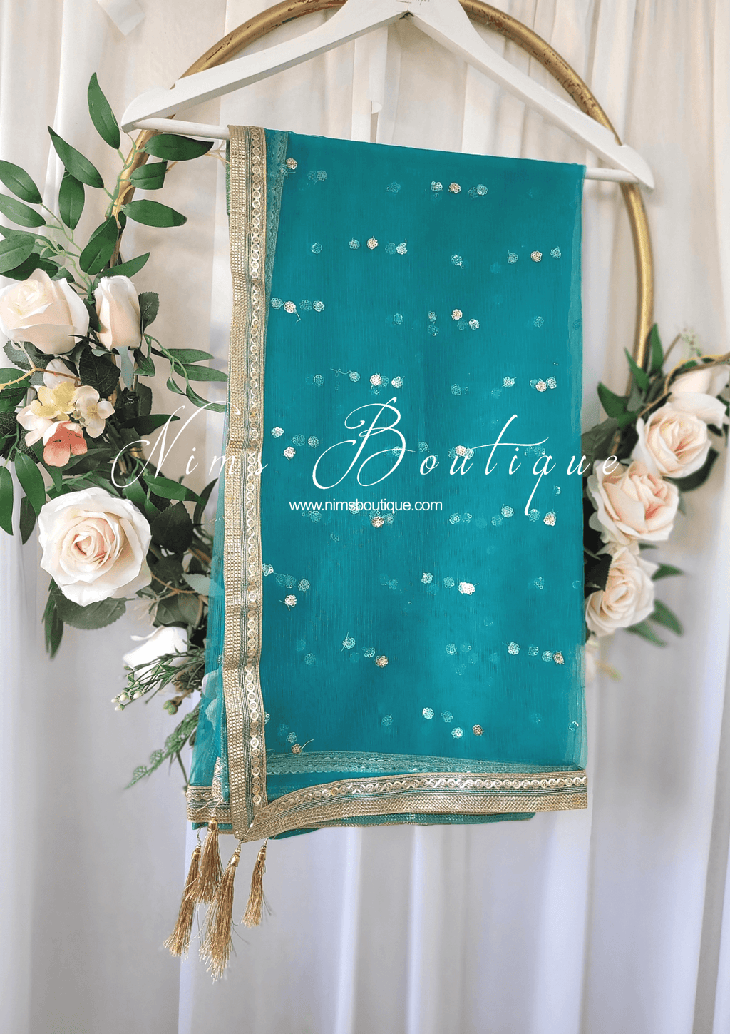 Nims Boutique Peacock Green Net Sequin Dupatta/Chunni