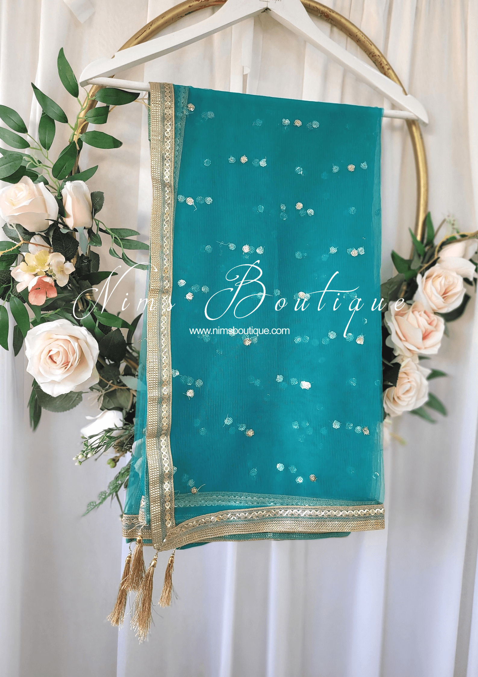 Nims Boutique Peacock Green Net Sequin Dupatta/Chunni