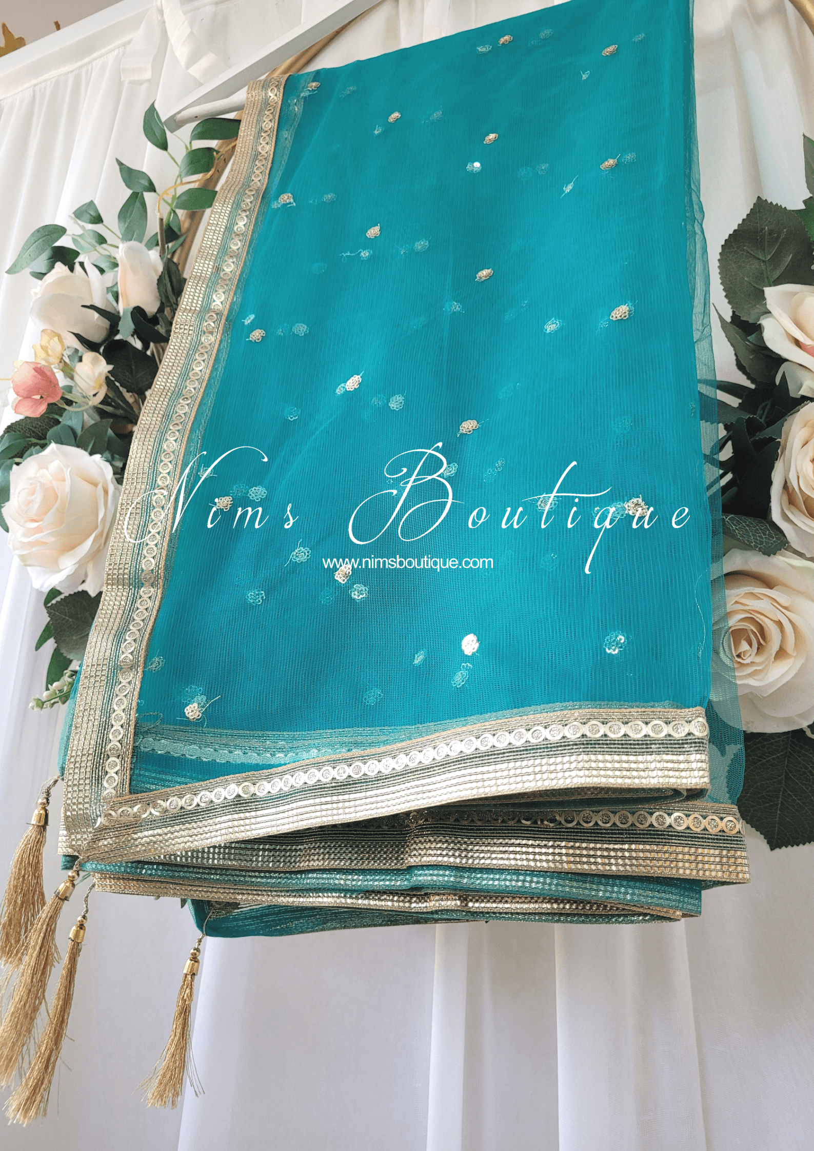 Nims Boutique Peacock Green Net Sequin Dupatta/Chunni