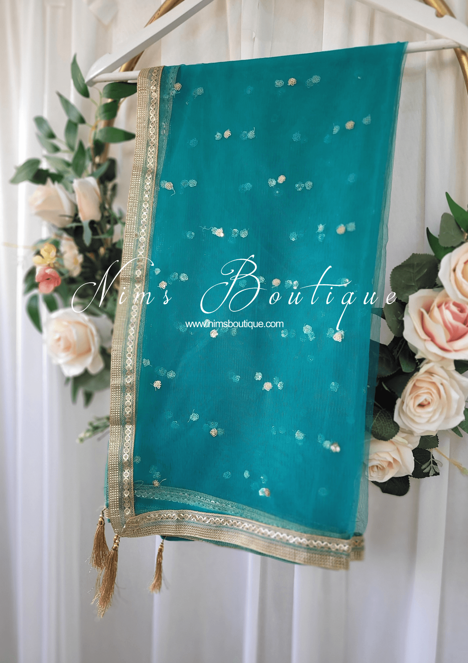Nims Boutique Peacock Green Net Sequin Dupatta/Chunni
