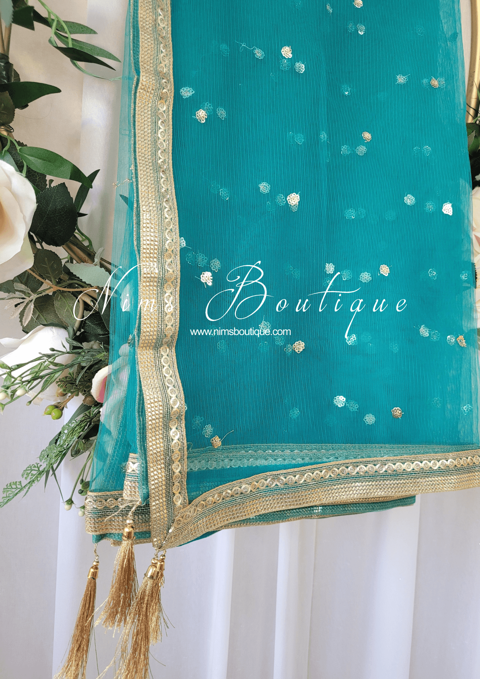 Nims Boutique Peacock Green Net Sequin Dupatta/Chunni