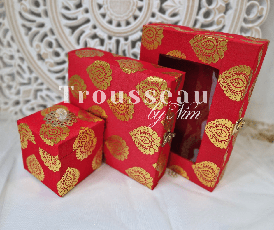 Nims Boutique Red Brocade Silk Jewellery Gift Box with Clear Lid