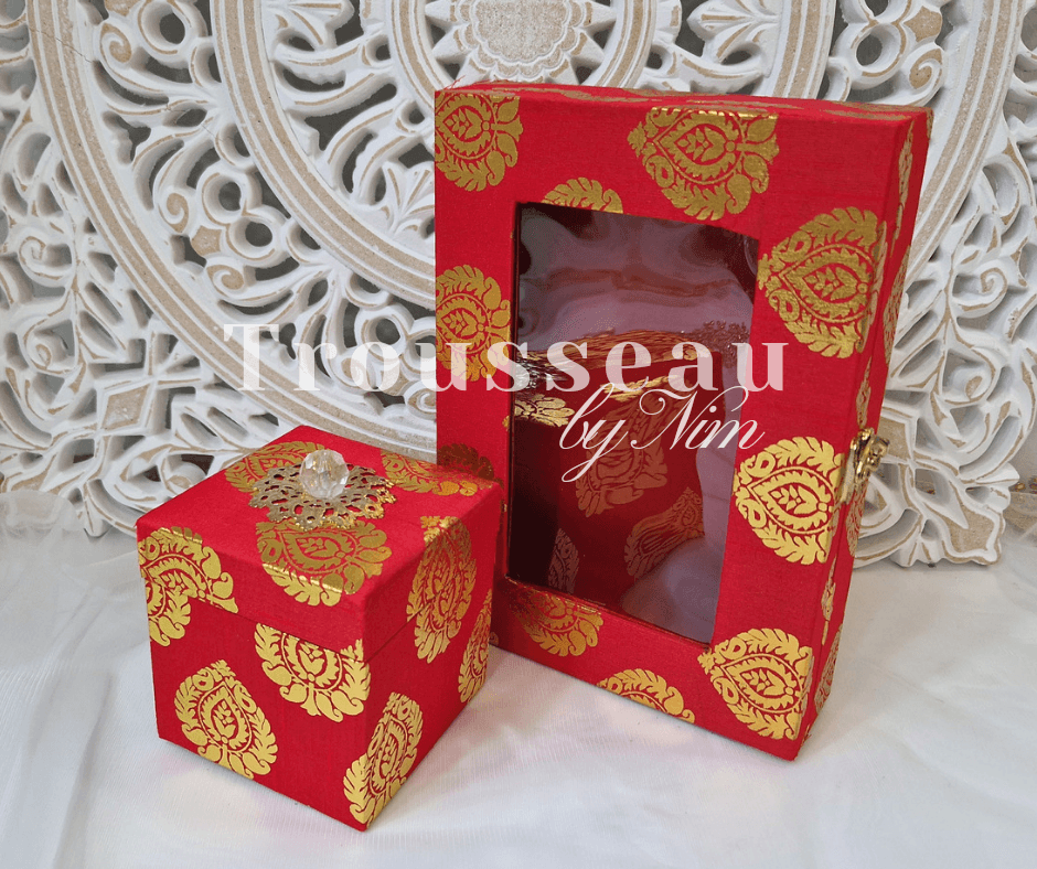 Nims Boutique Red Brocade Silk Jewellery Gift Box with Clear Lid
