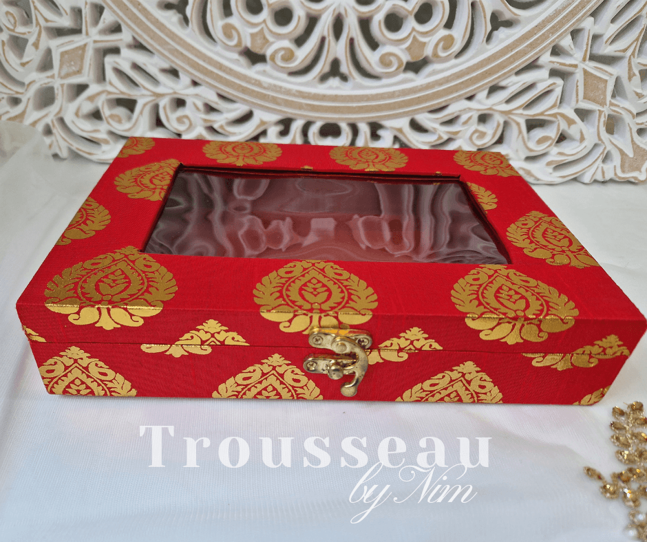 Nims Boutique Red Brocade Silk Jewellery Gift Box with Clear Lid