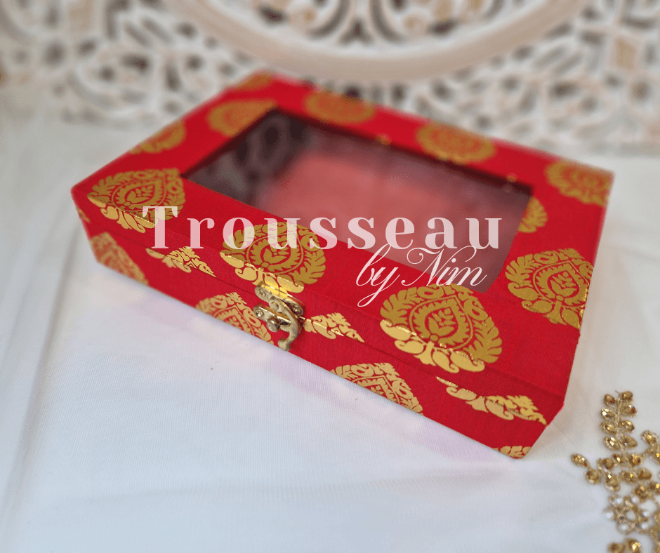 Nims Boutique Red Brocade Silk Jewellery Gift Box with Clear Lid