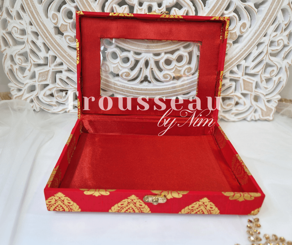 Nims Boutique Red Brocade Silk Jewellery Gift Box with Clear Lid