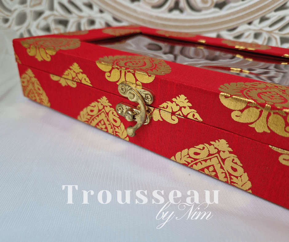 Nims Boutique Red Brocade Silk Jewellery Gift Box with Clear Lid