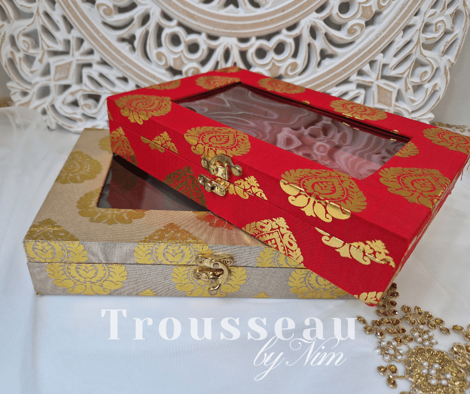 Nims Boutique Light Gold Brocade Silk Jewellery Gift Box with Clear Lid