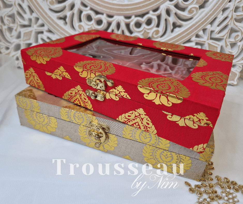 Nims Boutique Light Gold Brocade Silk Jewellery Gift Box with Clear Lid