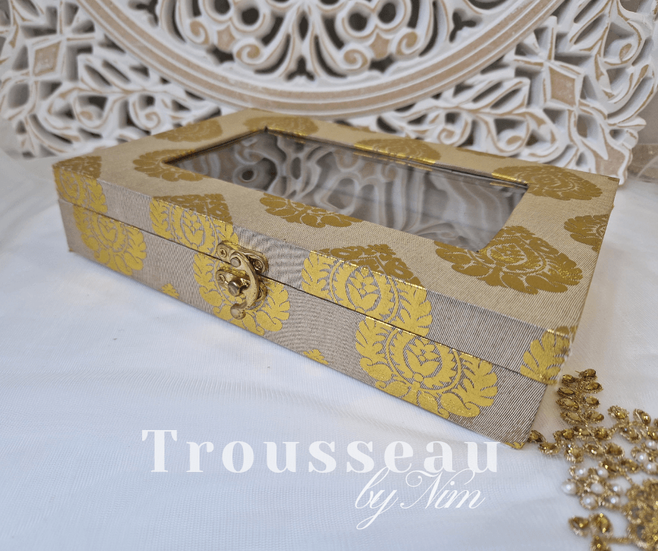 Nims Boutique Light Gold Brocade Silk Jewellery Gift Box with Clear Lid