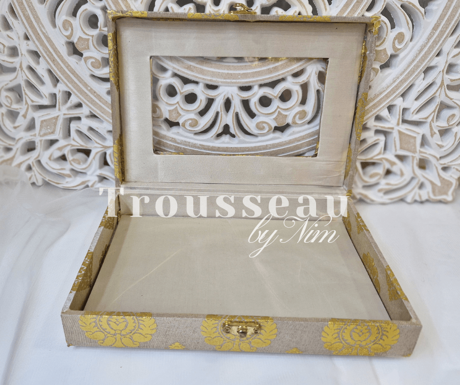 Nims Boutique Light Gold Brocade Silk Jewellery Gift Box with Clear Lid