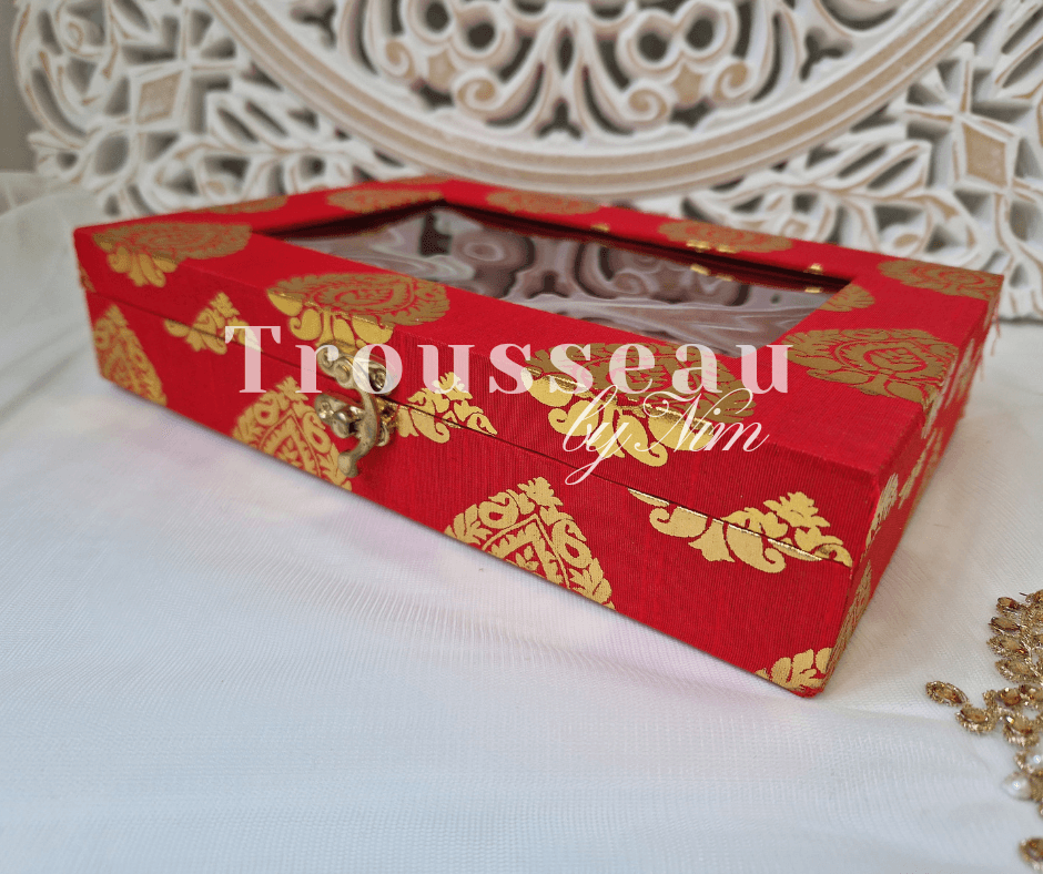 Nims Boutique Red Brocade Silk Jewellery Gift Box with Clear Lid