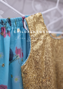 Gold Sequin and Blue Floral Kids Lehnga