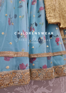 Gold Sequin and Blue Floral Kids Lehnga