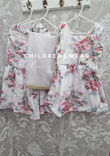 White Floral Kids Sharara Suit