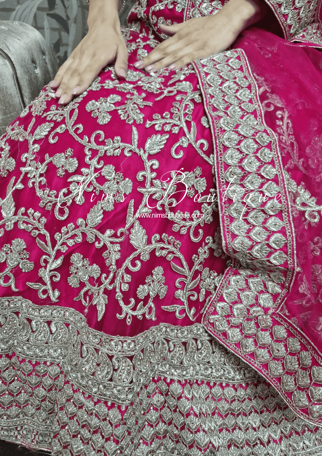 Nims Boutique Luxury Semi Stitched Magenta Embroidered Lehnga
