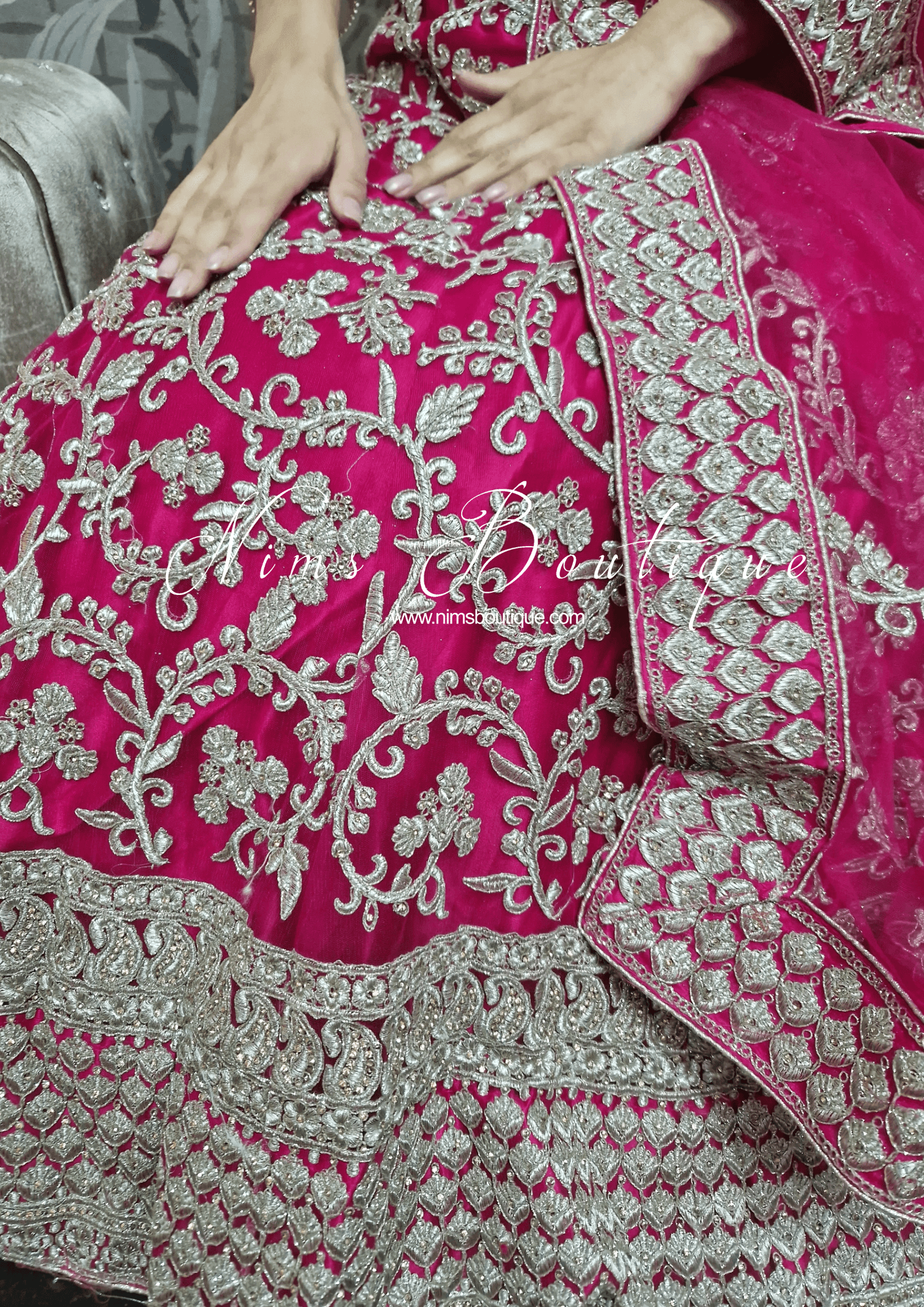 Nims Boutique Luxury Semi Stitched Magenta Embroidered Lehnga