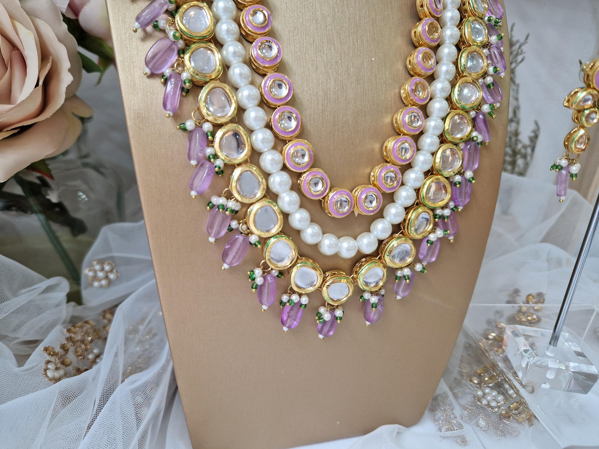 Nims Boutique Myra Blossom Kundan Deep Lilac & Pink Haar Set