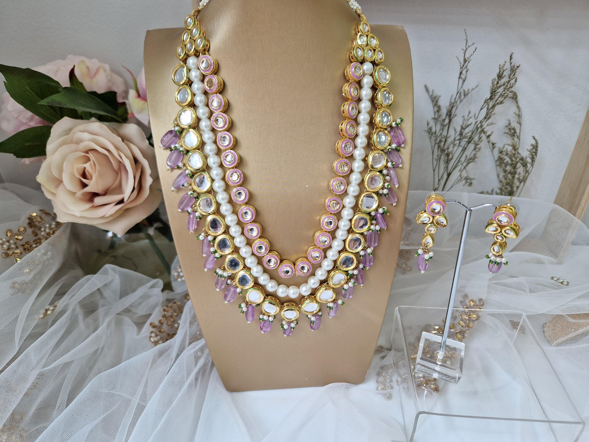 Nims Boutique Myra Blossom Kundan Deep Lilac & Pink Haar Set