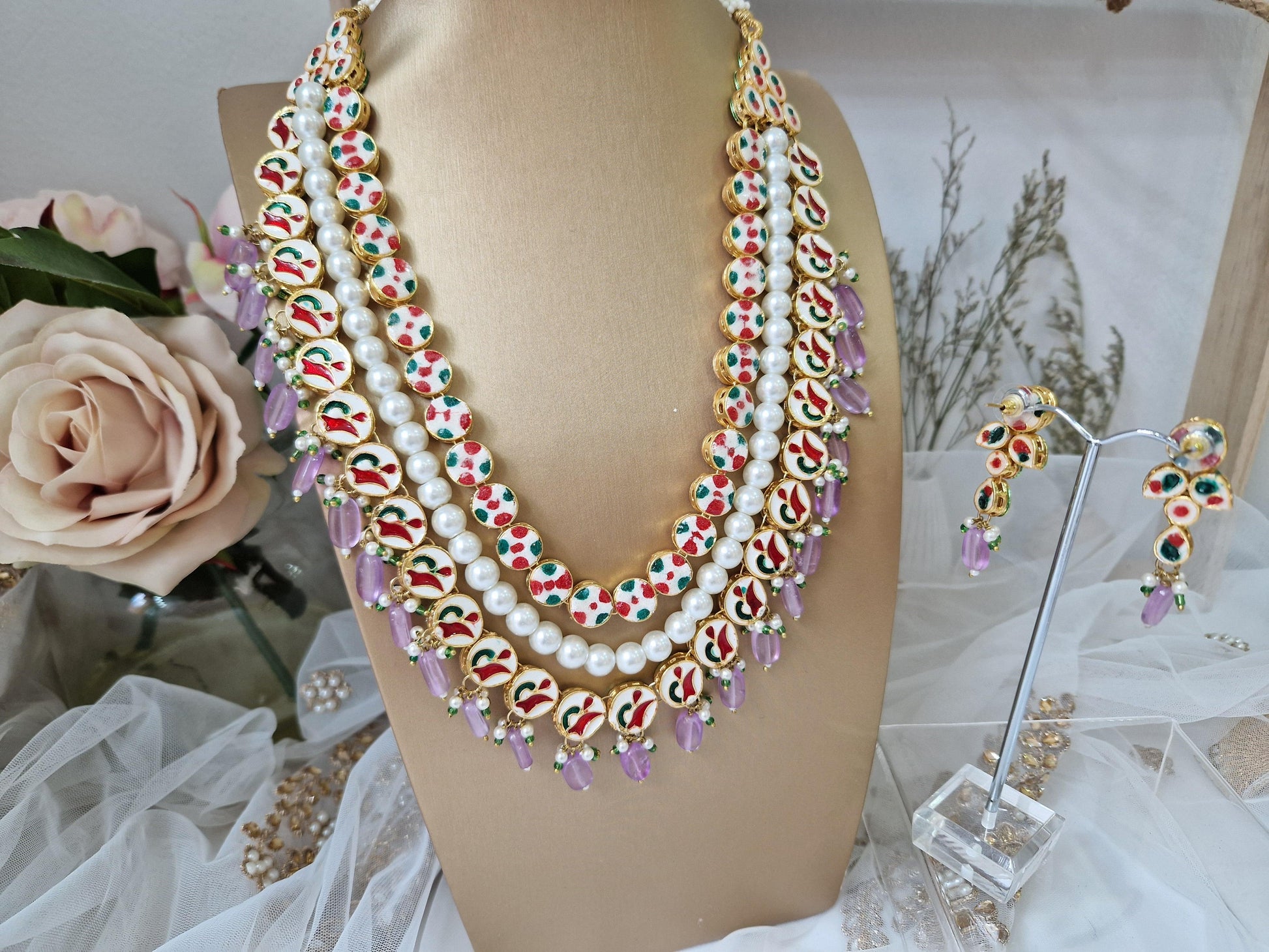 Nims Boutique Myra Blossom Kundan Deep Lilac & Pink Haar Set