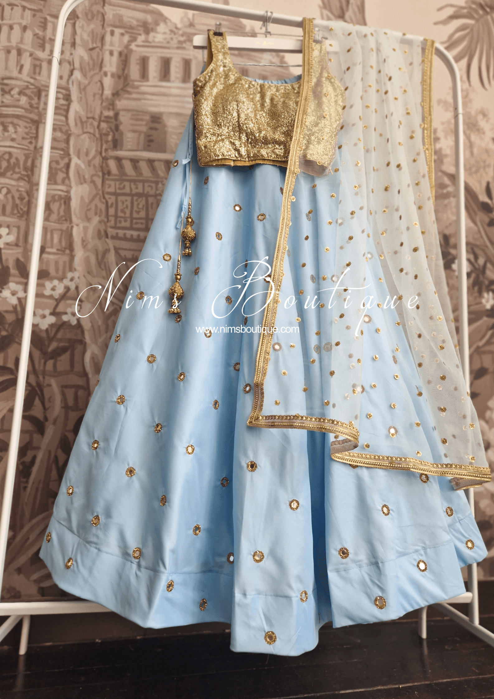Nims Boutique Luxury Light Blue Net Sequin Dupatta/Chunni LNS4