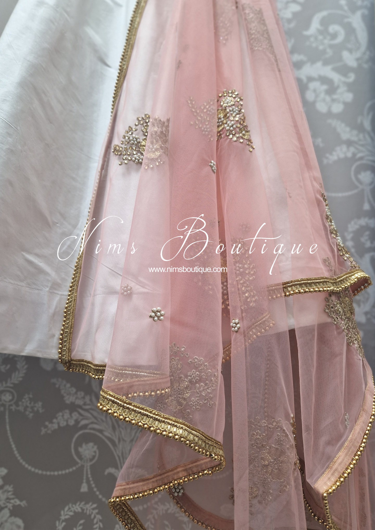 Peach Net Pearl Embellished Dupatta/Chunni with Gold Bead Edging (GB1)