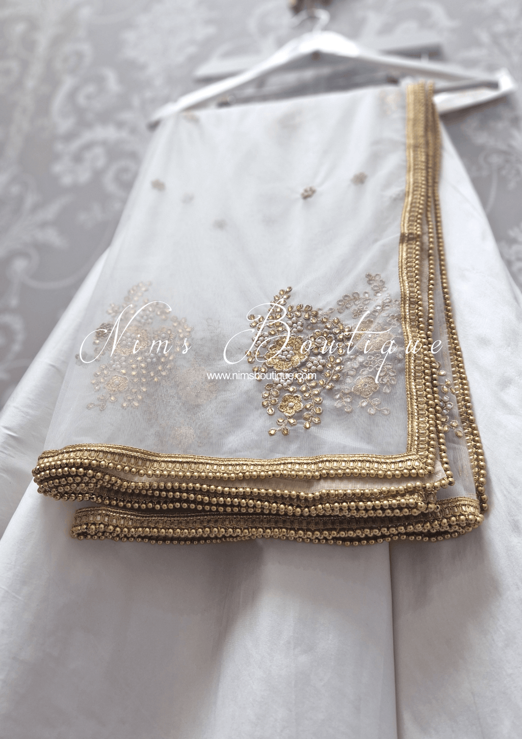 Nims Boutique White Net Pearl Embellished Dupatta/Chunni with Gold Bead Edging GB2